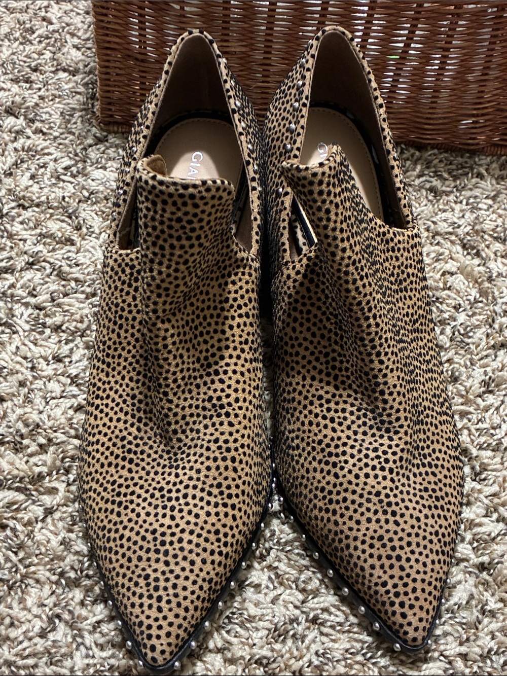 Gianni Bini Tan and Black Spotted Pointed Toe Studded Mules